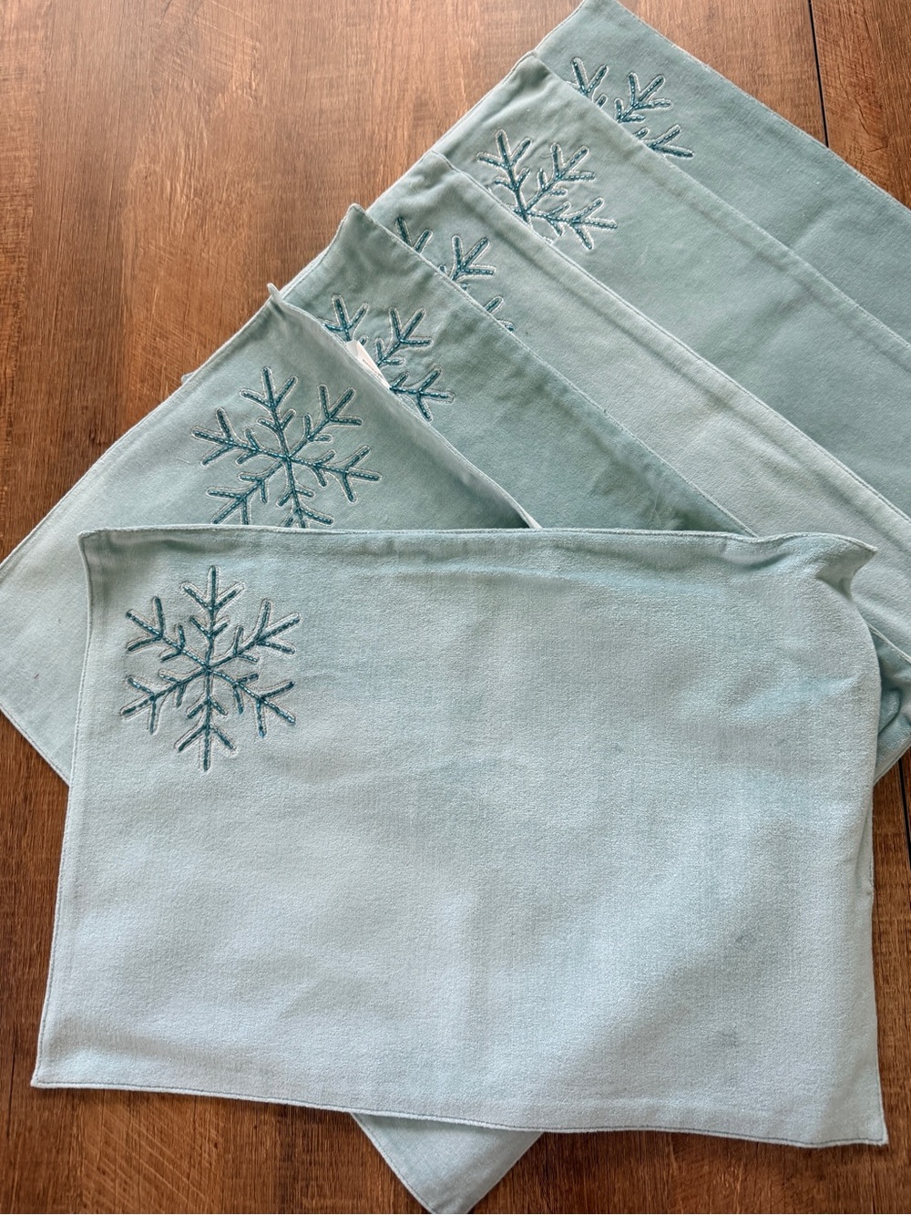 Set of 6 Blue Velvet Placemats Beaded Snowflake Embroidery Winter Table Decor